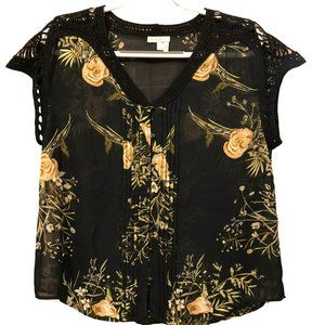 Anthropologie Meadow Rue Womens Sz M Sheer Floral Blouse Black Lace Cap Sleeve &